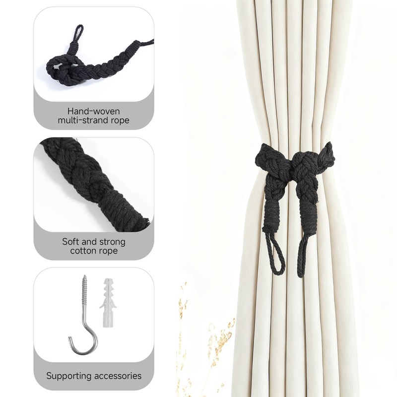 Curtain Tie Backs 2 Pack, Hand Knitting Curtain Tiebacks Cotton