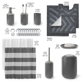 Clara Clark Bathroom Accessories Set - 23PC Shower Curtain Set with Bathroom Trash Can, Grey Bathroom Set, Bathroom Sets with Shower Curtain and Grey Rugs