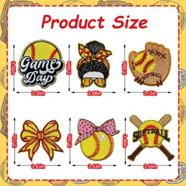 6PCS Softball Iron on Patches, Yellow Game Day Iron on Patches, Softball Mom Bow Sew on Embroidered Applique for DIY Hat Jacket Backpack Clothing Bag Decor