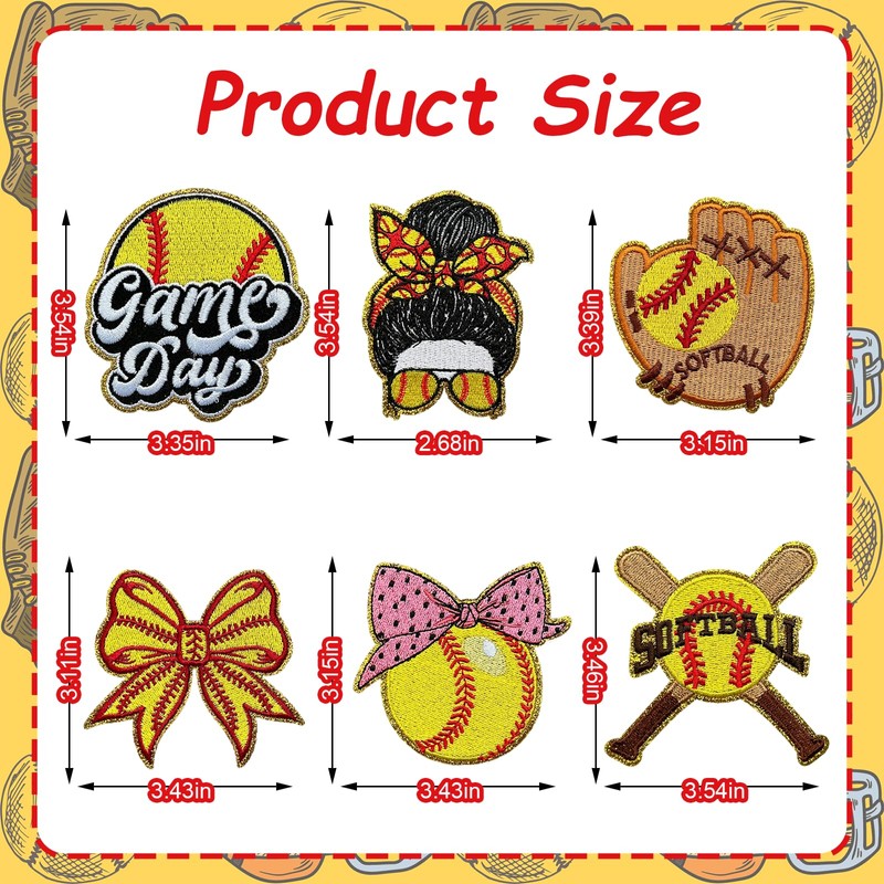 6PCS Softball Iron on Patches, Yellow Game Day Iron on