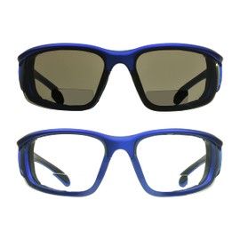 Bikershades Motorcycle Riding Safety Bifocal Sunglass Reader Foam Padded Z87 +3.00 Men Women Wind-Proof Blue Frame Smoke & Clear
