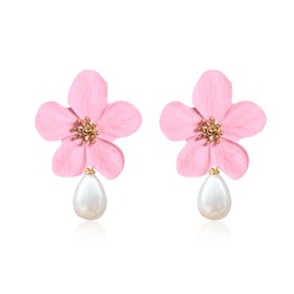 YISXVD Spray Painted Flower Pearl Stud Earrings for Women Unique Petal Floral Dangle Drop Earrings Party Jewelry (Pink)