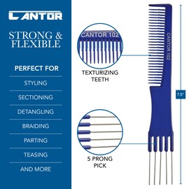 Lift Teasing Comb & Hair Pick - 2 Pack, Five Stainless Steel Lifts - Chemical & Heat Resistant Detangler - Anti Static Comb For All Hair Types - By Cantor