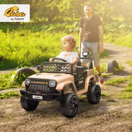 Qaba 12V Ride On Truck, Battery Powered Kids Electric Car with 4 Suspension Wheels, Remote Control, 3 Speeds, LED Headlights, Horn, USB Music, Khaki