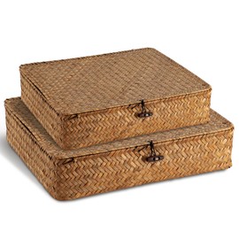 2 Pcs Lidded Seagrass Baskets, Boho Rattan Closet & Makeup Organizer