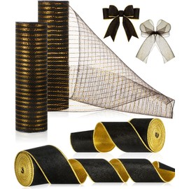 Riceshoot 4 Rolls 20 Yards Christmas Ribbons 2.5 Inch Black Velvet Wired Ribbons with Gold Edge and 10 Inch Wide Mesh Ribbon Rolls for Christmas Tree Decoration Gift Wrapping Bow DIY Crafts