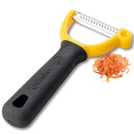 Tablecraft Julienne Edge Y Peeler, Stainless Steel Blade for Peeling Vegetable, Carrot, Potato, Fruit, Rubber Handle, Commercial Foodservice Restaurant Use, 2.7" x 1" Wide x 5.7" Long, Yellow/Black