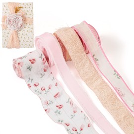 Crafans Flower Chiffon Ribbon Pink Series Ribbon 16/22/25/40 mm Floral Printed Ribbons Sweet Ribbons Trims Summer Decorative Craft Ribbons Bouquets Gift Wrapping