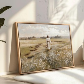 Framed Jesus Canvas Wall Art Jesus Walking In Field Painting Rustic Christian Wall Decor Picture for Living Room Bedroom Home Office Church Decoration Ready to Hang