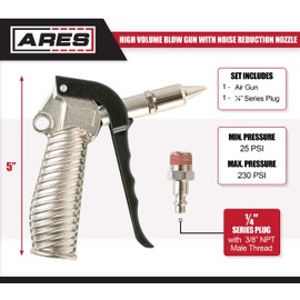 ARES 70055-5-inch High Volume Blow Gun with Noise Reduction Nozzle - Lightweight Aluminum Body Meets OSHA Standards