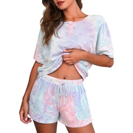 Girece Tie Dye Pajamas for Women Set 2 Piece Comfy Lounge Cute Lightweight Sleepwear Soft Matching Outfits Travel Pjs Casual Nightwear Daytime Wear with Pockets(Tie Dye,L)
