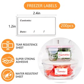 Teqooza 2.4" x 1.2" Removable Food Labels for Freezer Storage, Date Content Stickers to Write On for Home Kitchen Office Use, 200 Pcs