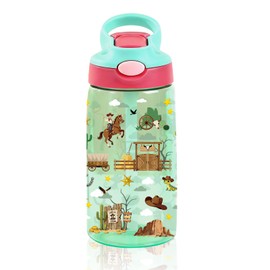 CGMIBAS 14oz Kids Water Bottle with Straw Lid - Cowboy Water Bottles for Kids, Leakproof, Lightweight, Durable Plastic Bottles for School Travel, Pop-Up Straw Cover, Gift Cup for Boys Girls(Cowboy)