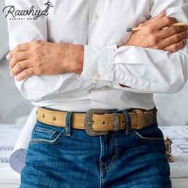 RAW HYD Leather Western Belts for Men - Classic Cowboy Belts for Men w/Embossed Buckle - Adjustable Men’s Western Belt