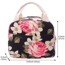 EurCross School Work Lunch Bag for Women Girls, Floral Canvas Compact Lunch Tote Bag Upgraded Lunch Box Bag for College Teens