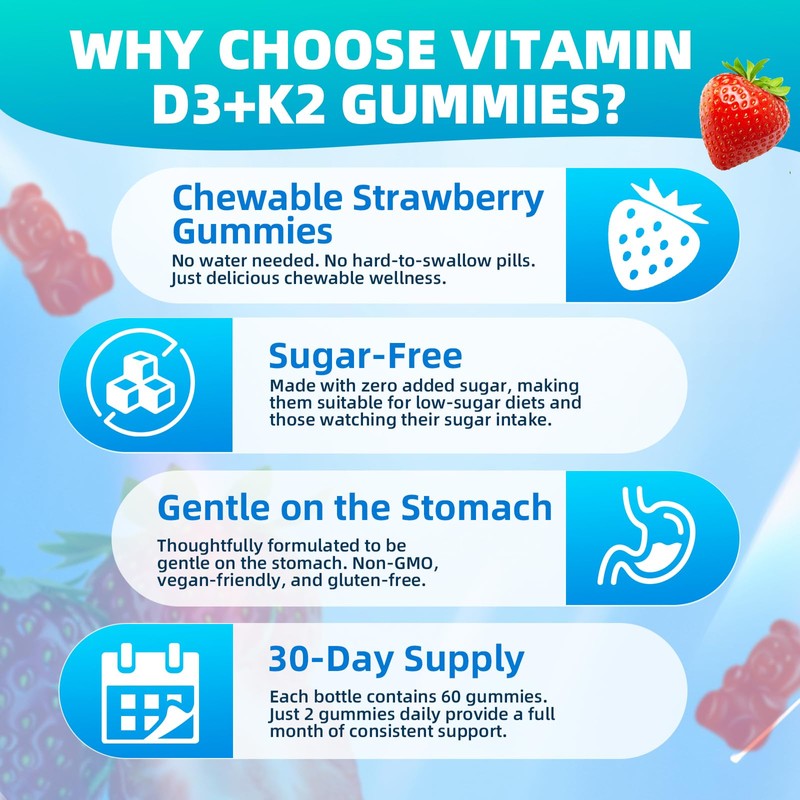 Mchokuu Vitamin D3 K2 Gummies 5000IU Sugar Free Supplement, 60