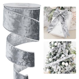 HUIHUANG Silver Velvet Wired Ribbon 2.5 inch Wired Velvet Ribbon with Silver Glitter Christmas Ribbon for Gift Wrapping, Christmas Tree Decoration, Bows, Wreaths, Garland- Continuous 10 Yards