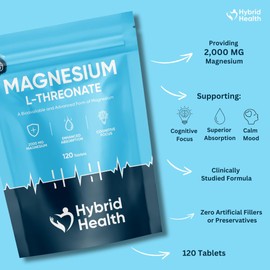 Hybrid Health Magnesium L-Threonate 2000 MG Supplement | 120 High Strength Magnesium Threonate Vegan Tablets | Bioavailable and Advanced Form of Magnesium | Non-GMO Gluten Free