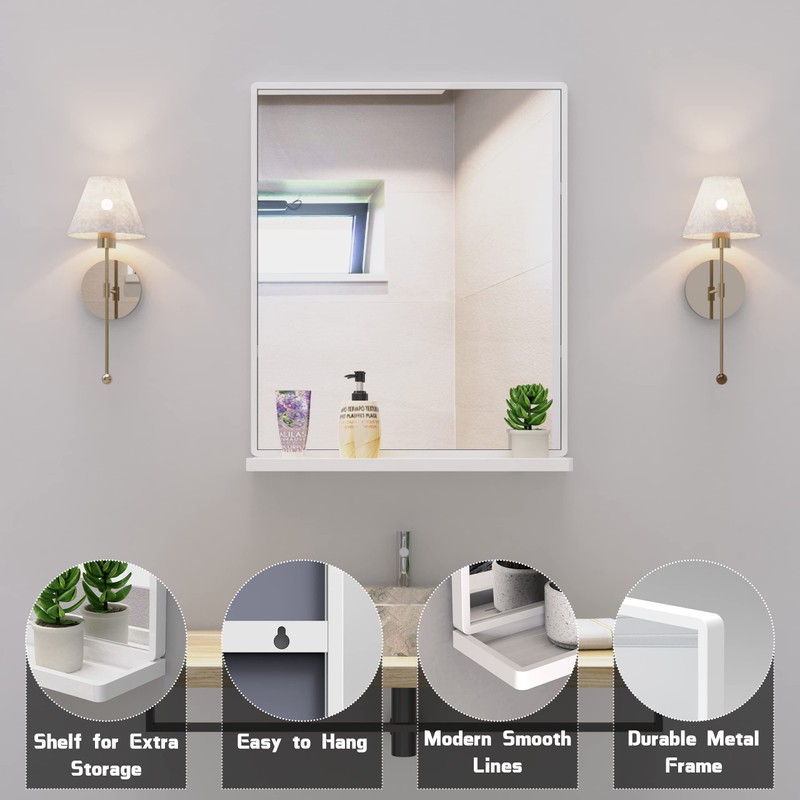 ANYHI 20"x24" Bathroom Wall Mirror with Shelf, White Bathroom Mirror