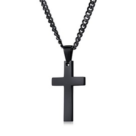 FOSIR Stainless Steel Black Cross Necklace for Men Women, 22-24inch Polished Curb Chain