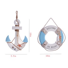 2 Pack 13" Nautical Beach Wooden Ship Wheel and 13" Wooden Anchor with Rope Nautical Boat Steering Wheel Rudder Anchor Wall Art Decor Door Hanging Ornament Beach Theme Home Decoration (Star Blue)