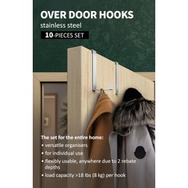 Menz Stahlwaren Over Door Hanger – Set of 10 - Silver Coat Hooks for Width 1.4" and 1.6" - Over Door Hook for Hanging Clothes, Coat Hooks