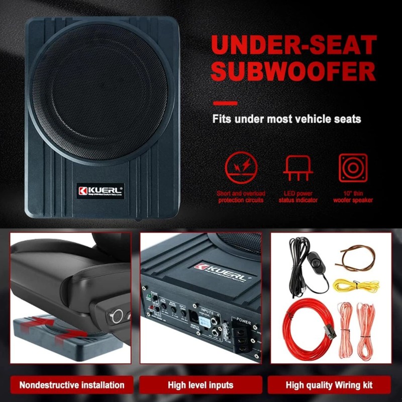 Yaeccc 10'' 800W Slim Under-Seat Subwoofer Powered Car Truck Sub