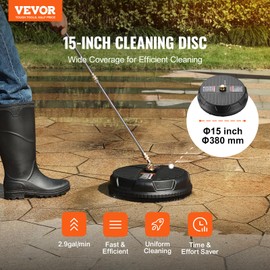 VEVOR Pressure Washer Surface Cleaner Universal 15", Pressure Washer Attachment 4000 Max PSI with 2 Extension Wand, 1/4" Quick-Connect Connector Power Concrete Cleaner, for Floor Driveway, Patio