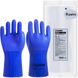 LANON 6 Pairs PVC Coated Chemical Resistant Gloves, Reusable Heavy Duty Safety Work Gloves, Acid, Alkali and Oil Protection, Non-Slip, X Large