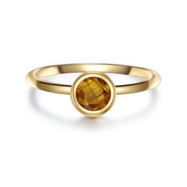 Glanzstücke München Women's Ring 925 Sterling Silver Yellow Gold-Plated with Tiger's Eye Brown Gemstone Ring Solitaire Ring Yellow Gold, 50, Silver, Tiger Eye