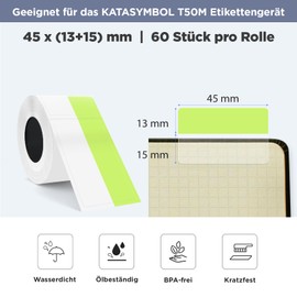 SUPVAN KATASYMBOL T50M Pro/Plus Label Tape Paper, Waterproof Labels for Home, School, Office, 45 mm x 13 mm + 15 mm, 60 Labels/Roll, Black on Green