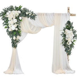 Ting's time Artificial Wedding Arch Flowers Kit(Pack of 4) 2pcs Large Artificial Flower Swags with 2pcs Draping Fabric for Wedding Party Ceremony Decoration(White)