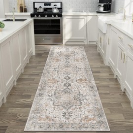 GENIMO Runner Rug 2x12, Non Slip Vintage Hallway Runner Rugs, Low Pile Lightweight Machine Washable Mat for Hallway, Entryway, Bedroom, Kitchen and Corridor,Light Taupe Brown