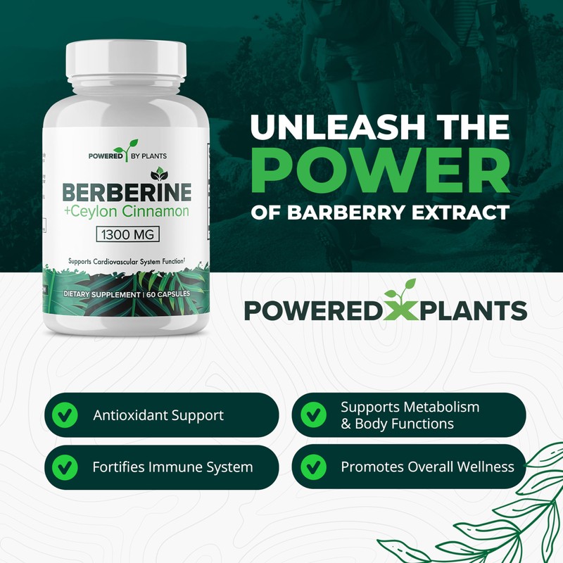 POWERED X PLANTS Pure Berberine Supplement - 1300mg Berberine with