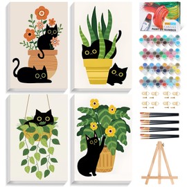 4 Pack Paint by Numbers Kit for Adults with Frame Cat, Framed Paint by Number for Adults Beginner with Wooden Easel, Green Plant DIY Painting by Numbers Canvas Framed for Home Decor 8 x 12 Inch