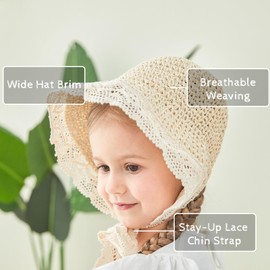 pureborn Toddler Girl's Straw Hat Wide Brim Sun Protection Hat Summer Beach Hat with Chin Strap for Infant Girl 2-5T Beige