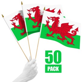 UD_G128 50-Pack Handheld Welsh Stick Flags 12x18 Printed 150D Polyester Country Flag with Solid Wooden Stick and Gold Tip