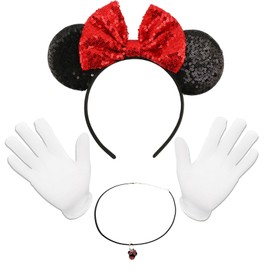 Mouse Ears Headband, Sparkly Bow Headbands Mouse Ears Headwear Cosplay Party Headband with 2 White Gloves and Pendant Necklace, Shiny Headband for Girls Women Fancy Dress Costume Head Band Christmas