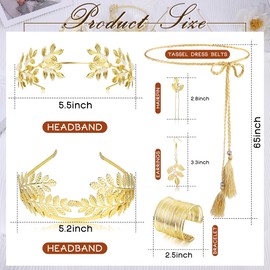 MILACOLATO 14Pcs Greek Goddess Costume Set Golden Laurel Leaves Crown Tiara Upper Arm Coil Bracelet Hair Headpiece Earrings Toga Waist Belt Accessories Jewellery Set for Women Party Wedding Halloweenb