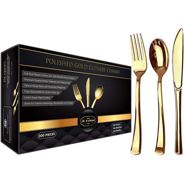 JL Prime 300 Gold Plastic Silverware Set, Gold Plastic Cutlery Set, Heavy Duty Utensils for Party & Wedding, Disposable Gold Flatware, 100 Plastic Forks, 100 Plastic Spoons, 100 Plastic Knives