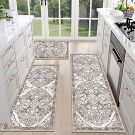 HEBE Farmhouse Kitchen Rugs Sets of 3 Non Slip Washable Kitchen Rugs and Mats Boho Kitchen Mats for Floor Kitchen Runner Rug Kitchen Carpet Rug Runner for Hallways Kitchen Laundry