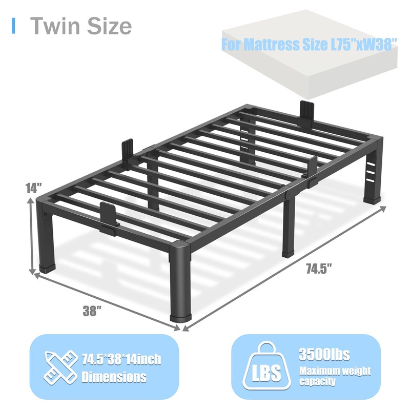Yitong Angel 14 inch Twin Bed Frame with Rounded Corner