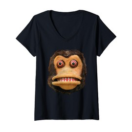 Womens Big Buggy Eyed Monkey Face Cymbal Playing Toy Animal V-Neck T-Shirt
