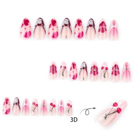 24 Pcs Flower Press on Nails Medium Almond Fake Nails with Floral and Cherry Designs Pink French Tip False Nails Full Cover Spring Acrylic Nails Stick on Nails for Women DIY Manicuare 24 Pcs