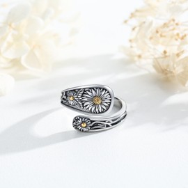 925 Sterling Silver Sunflower Spoon Ring Adjustable Thumb Ring Boho Vintage Jewellery Birthday and Christmas Gifts for Women, Sterling Silver, No Gemstone