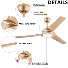 LIAPDG 52 Inch Ceiling Fan Light, 6 Gears Low Profile Ceiling Fan Flush Mount Ceiling Fan with Light & Remote Control Applicable Area of 161.46 Ft² for Bedroom, Living Room 1/2/4H Timing (Gold)