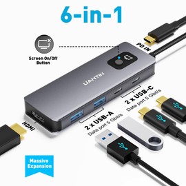 UANTIN USB C Hub 6 in 1, USB C Hub Multiport Adapter with USBC to 4K HDMI, 2*USB-A 3.0, 2*USB-C Data Port, PD 100W, One-Touch Screen On/Off Button Docking Station for MacBook Pro/Air, Laptop and More