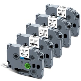 XemaX 5-Pack Tze Tz Tape 12mm 0.47" Laminated White Compatible for Brother Label Maker Tape P Touch 12mm 0.47" White Tze-231 Tze231 Tz 1/2" for PT-D210 PT-D220 PTD610BT PTD410 PT-H103W PT2040 PTD400