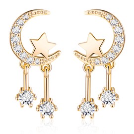 LOAYHOAY 18K Gold-Plated Moon Star Clip on Earrings for Women Non Piercing Earrings Dainty Cute Cubic Zirconia Star Tassel Earrings Gold