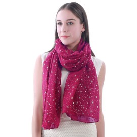 Lina & Lily Sparkle Foil Star Print Women's Scarf Shawl Wrap, Shimmer Silver Gold Glitter Lightweight Gift Party (Dark Pink-Gold Stars)